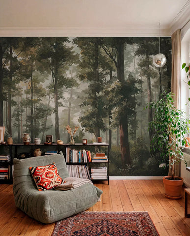 Forest illustration with mist, tall trees and a path