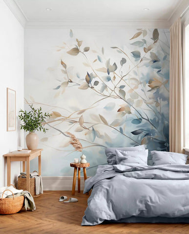 Branches with leaves in blue and brown tones, light background, soft and delicate, watercolor style