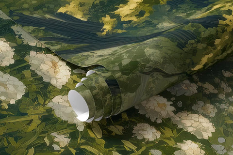 Path in the green forest, white flowers, sunlight, acrylic style drawing