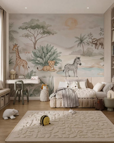 Watercolor safari scene with animals in delicate pastel tones featuring a giraffe, baby elephant, zebra, and lion cub
