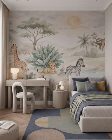 Watercolor safari scene with animals in delicate pastel tones featuring a giraffe, baby elephant, zebra, and lion cub