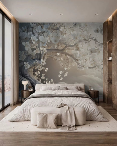 A charming tree with white flowers against the background of clouds in an interesting style in delicate warm colors