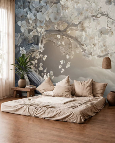 A charming tree with white flowers against the background of clouds in an interesting style in delicate warm colors