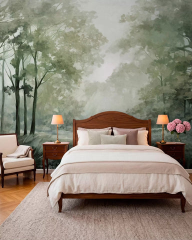 Textured forest landscape, trees with green leaves, pastel color palette