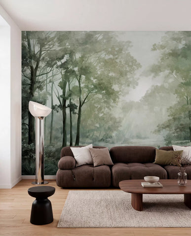 Textured forest landscape, trees with green leaves, pastel color palette