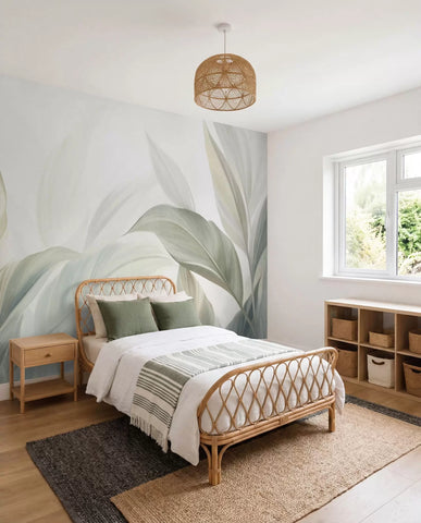 Large, pale green tropical leaves with soft, pastel colors, textured art