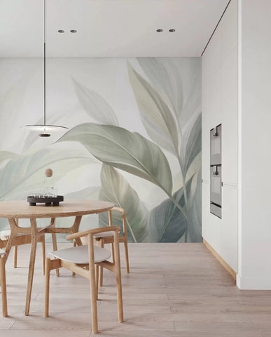 Large, pale green tropical leaves with soft, pastel colors, textured art