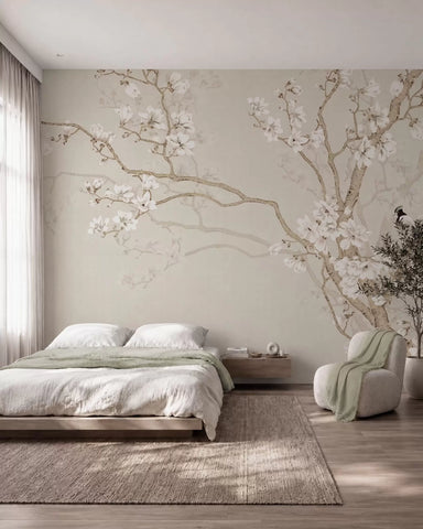 Flowering tree and birds