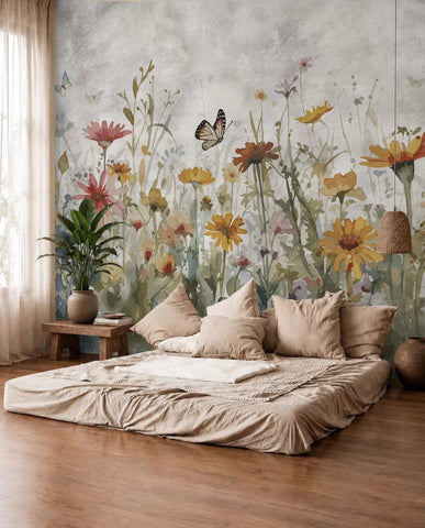 Watercolor wildflowers and butterflies