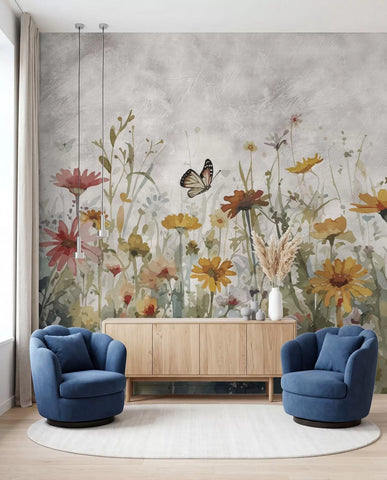 Watercolor wildflowers and butterflies