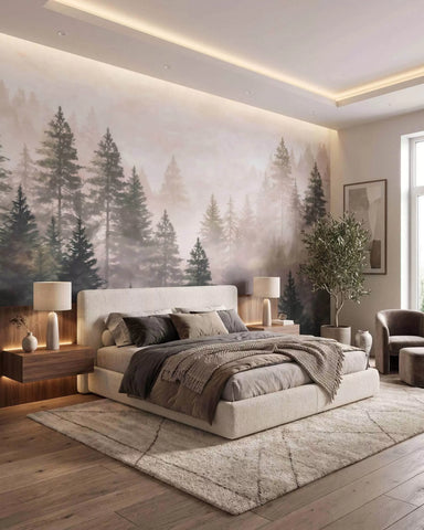 Misty coniferous forest in dark green tones in watercolor style