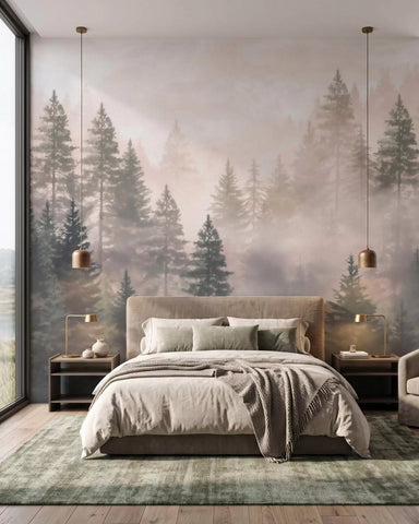 Misty coniferous forest in dark green tones in watercolor style