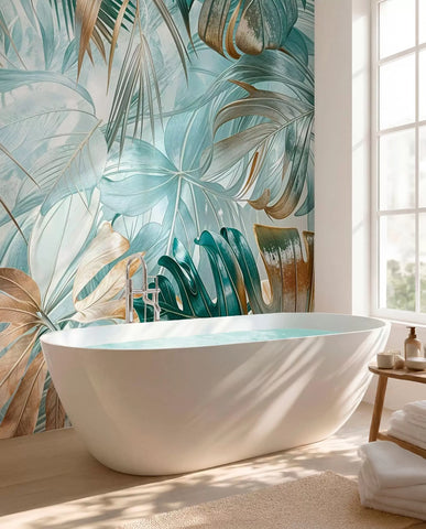 A tropical abstract floral print with large palm leaves in shades of blue and beige creates a lush atmosphere