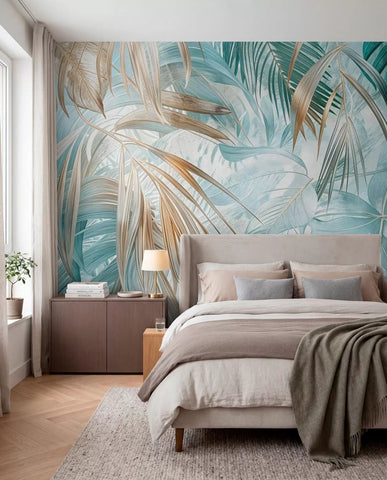 A tropical abstract floral print with large palm leaves in shades of blue and beige creates a lush atmosphere