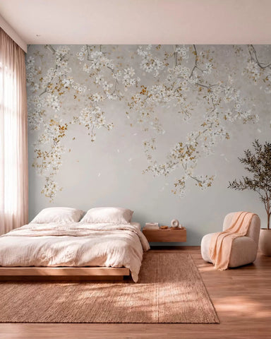 Branches with white blossoms on a soft beige background
