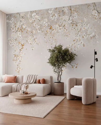 Branches with white blossoms on a soft beige background