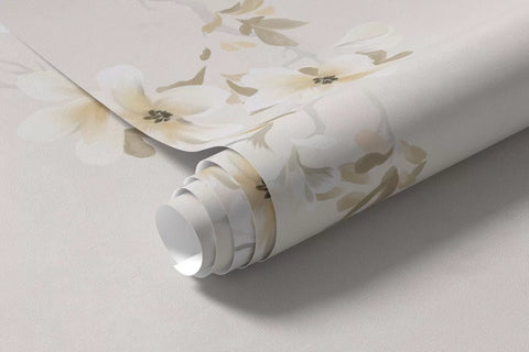 Branches with white blossoms on a soft beige background
