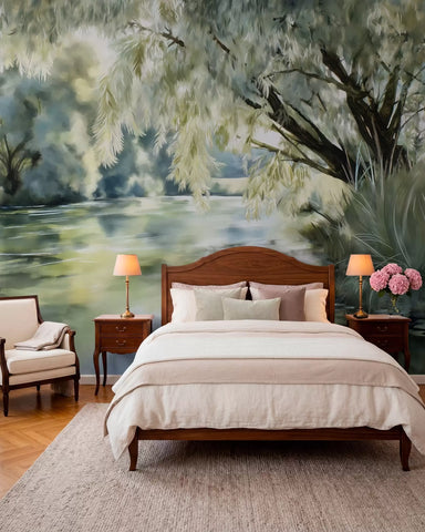 watercolour-style tree above the lake