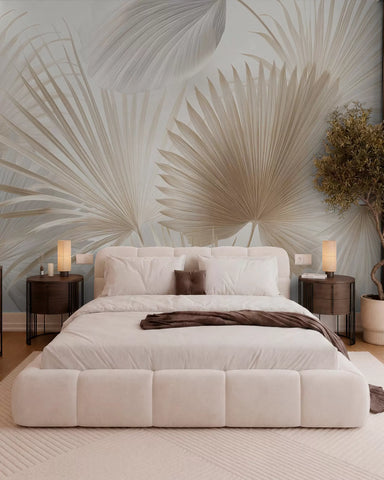 Soft tropical leaf fans in light beige and bluish tones