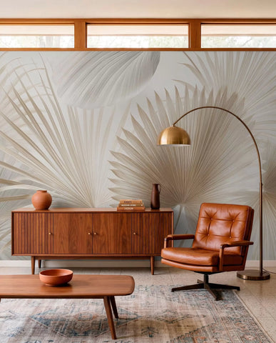 Soft tropical leaf fans in light beige and bluish tones