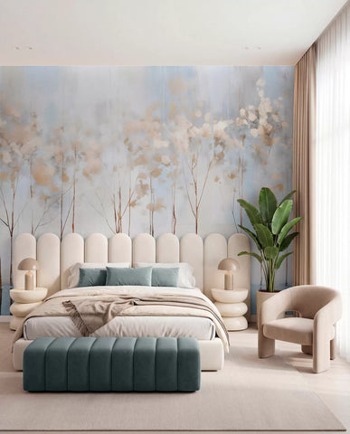 Bare trees in abstract pastel blurred winter minimalistic landscape with a soft, hazy background