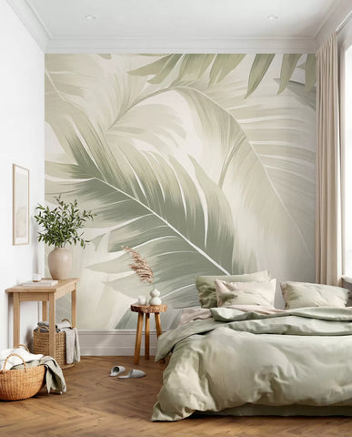 Pattern of large tropical leaves in soft green and beige hues, with smooth gradients and delicate texture details