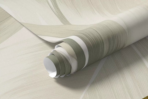 Pattern of large tropical leaves in soft green and beige hues, with smooth gradients and delicate texture details