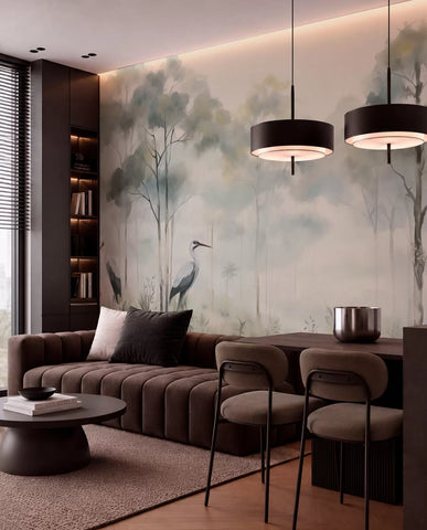 Misty forest by the water with herons, soft cool palette