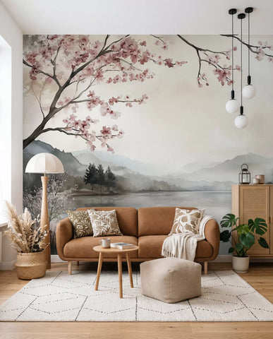 calm watercolor landscape with a lake and a flowering tree