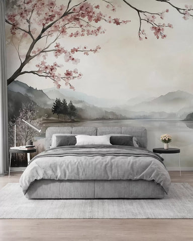 calm watercolor landscape with a lake and a flowering tree