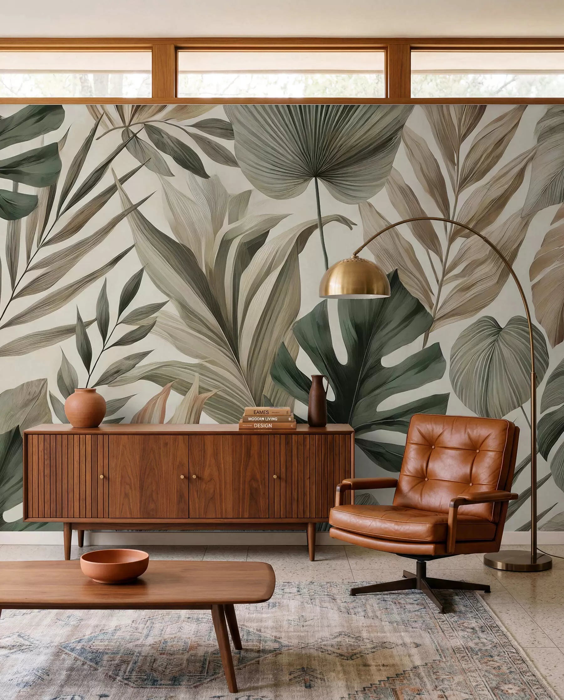 Large pastel tropical leaves wall mural in sage and taupe behind a walnut sideboard and leather armchair