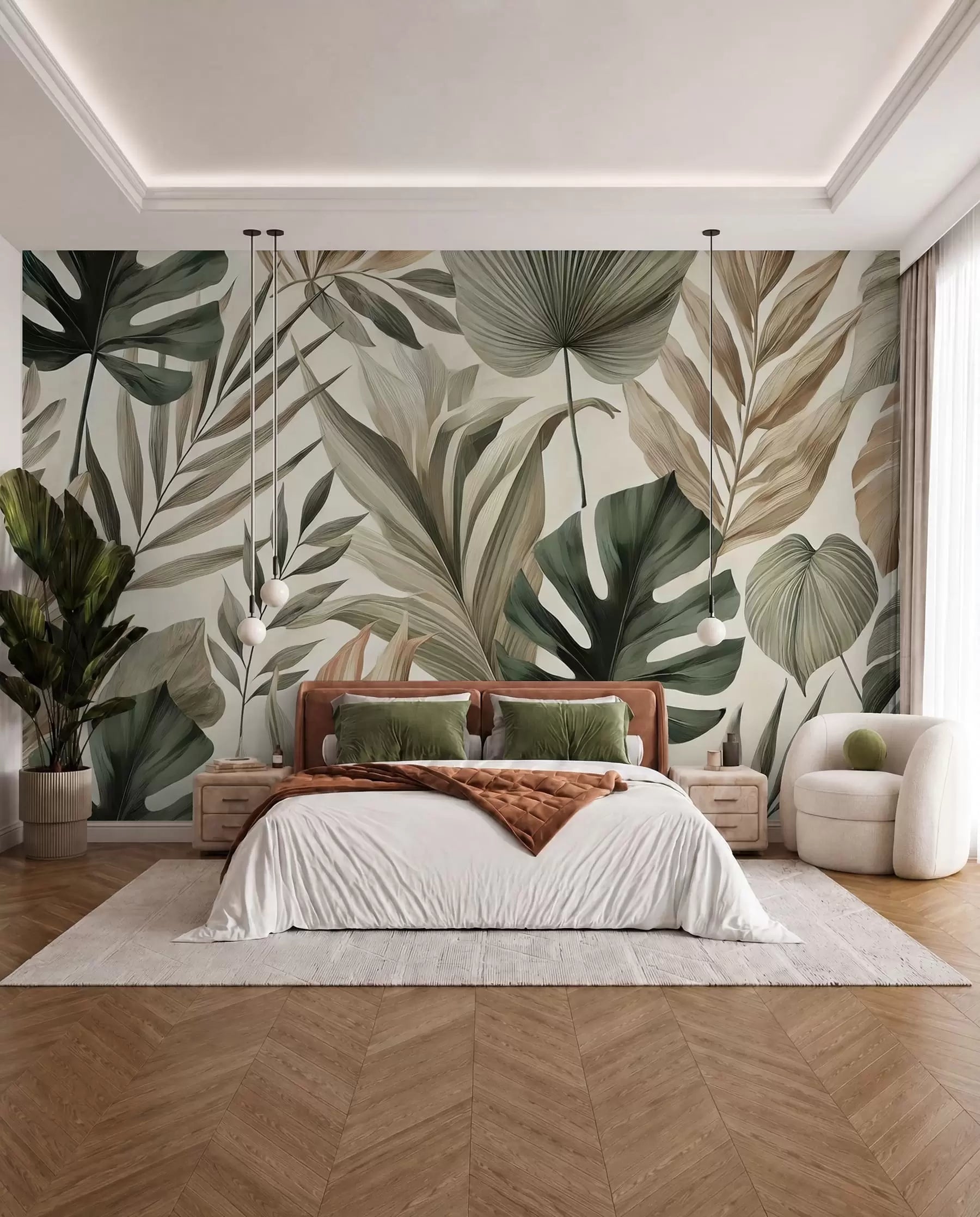 Pastel monstera and palm leaf mural behind a bed with white and rust bedding