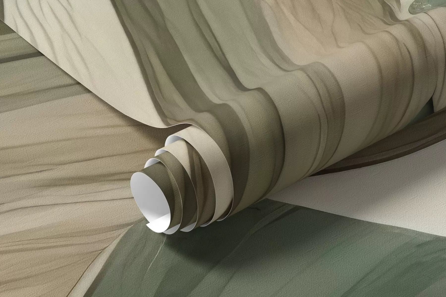 Rolled pastel tropical leaves mural wallpaper in sage and beige
