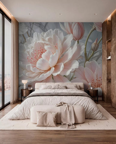 Large white and pink peony flowers wall mural on a soft grey background behind a cream bed