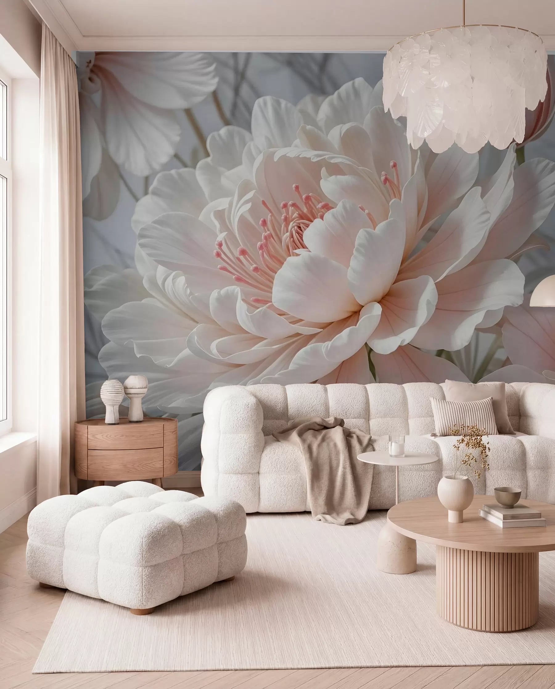 Oversized peony mural in a living room with a cream boucle sofa and ottoman