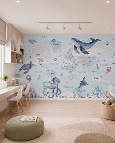 Underwater world with world map