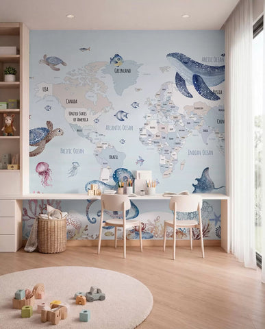 Underwater world with world map