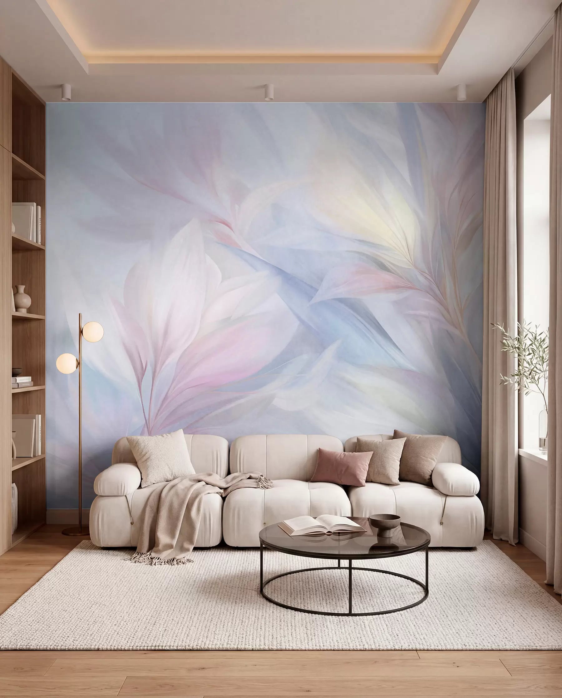 Soft lavender feather mural behind a cream sofa in a bright living room