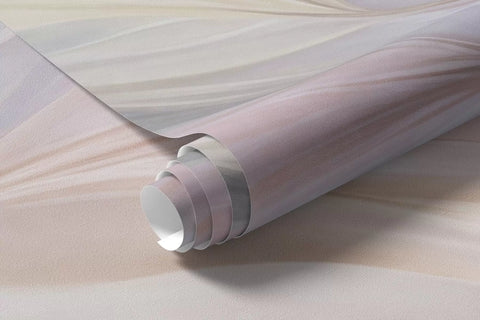 Rolled pastel leaves and feathers mural wallpaper in lilac and pink