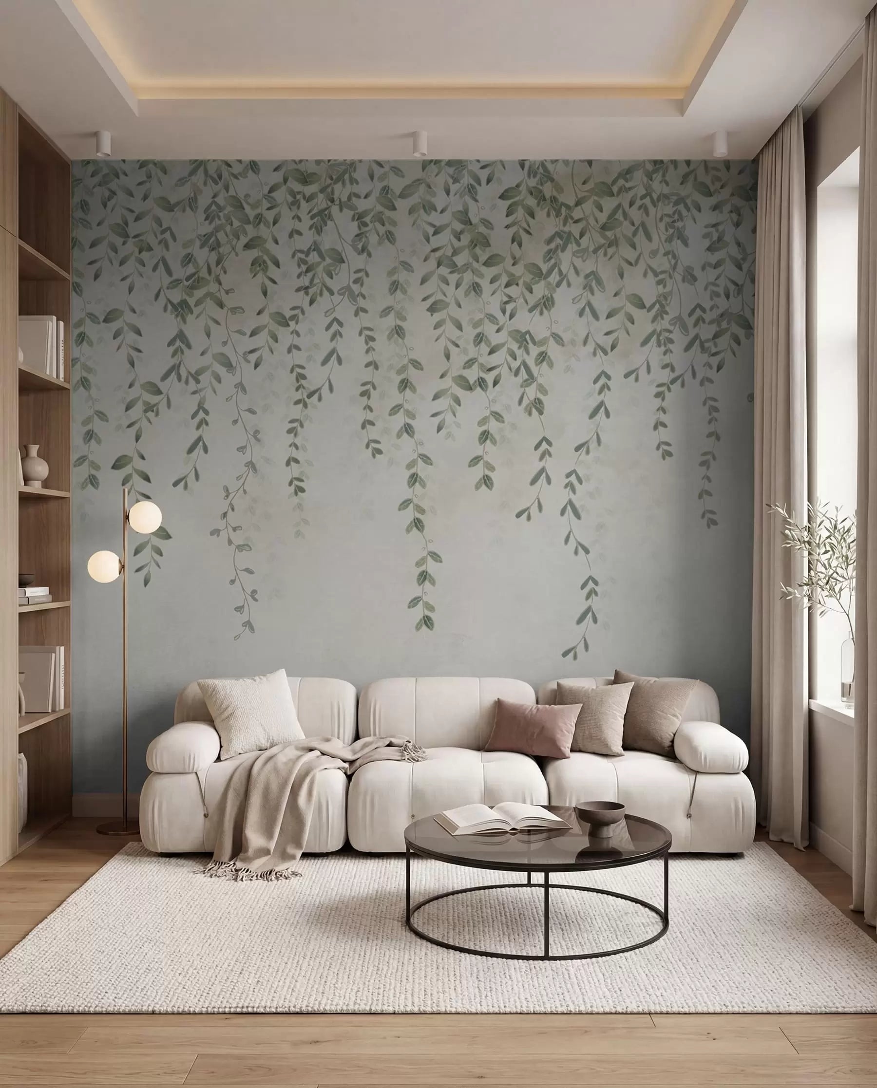Trailing vines mural in a living room with a grey sofa