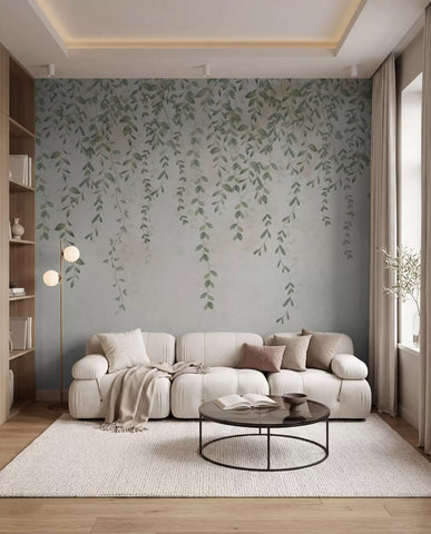 Trailing vines mural in a living room with a grey sofa