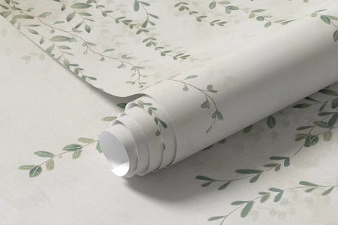 Rolled hanging vines mural wallpaper in sage green