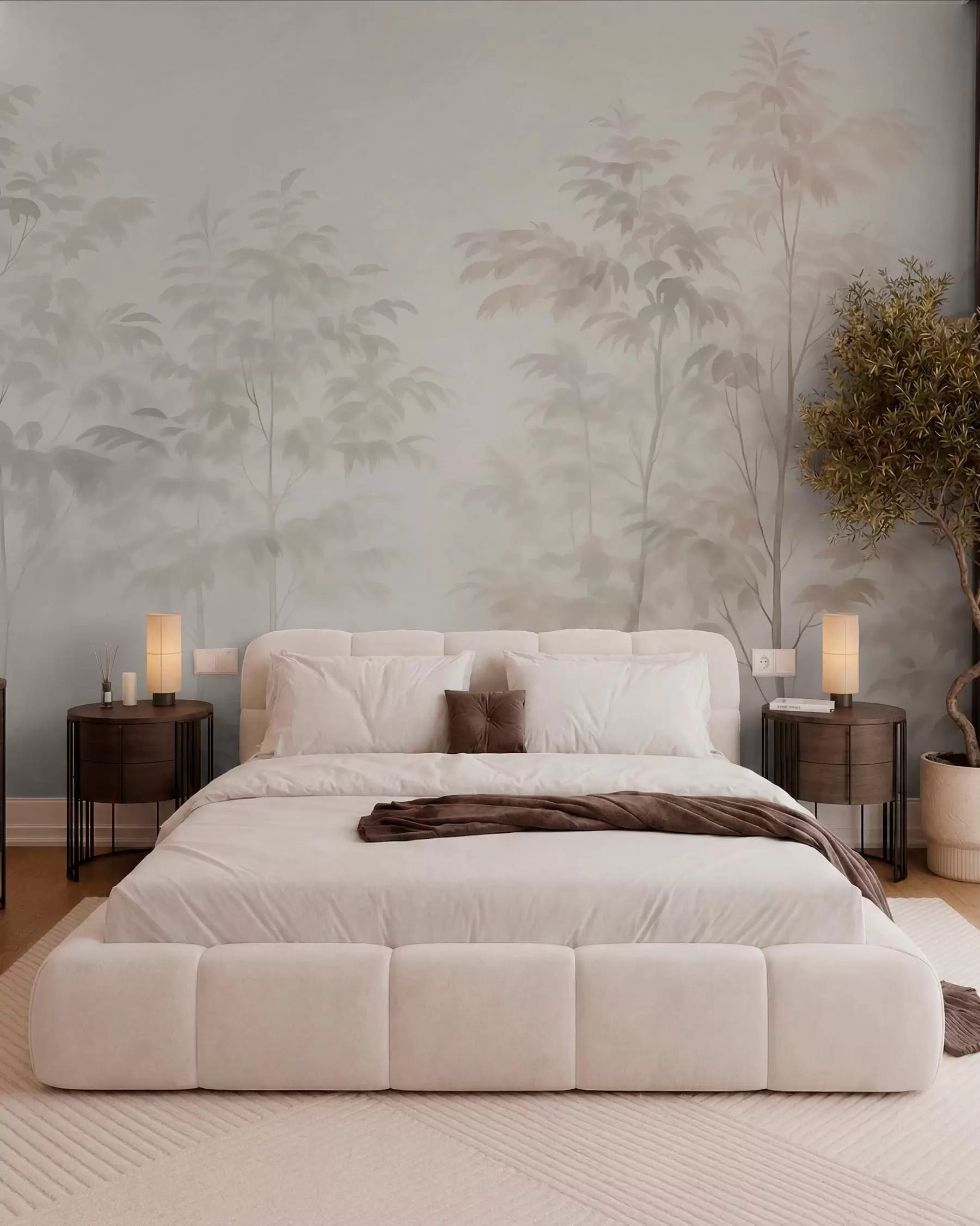 Soft watercolor trees wall mural in warm beige and grey behind a white upholstered bed