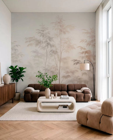 Warm watercolor trees mural in a living room with a brown sofa and plants