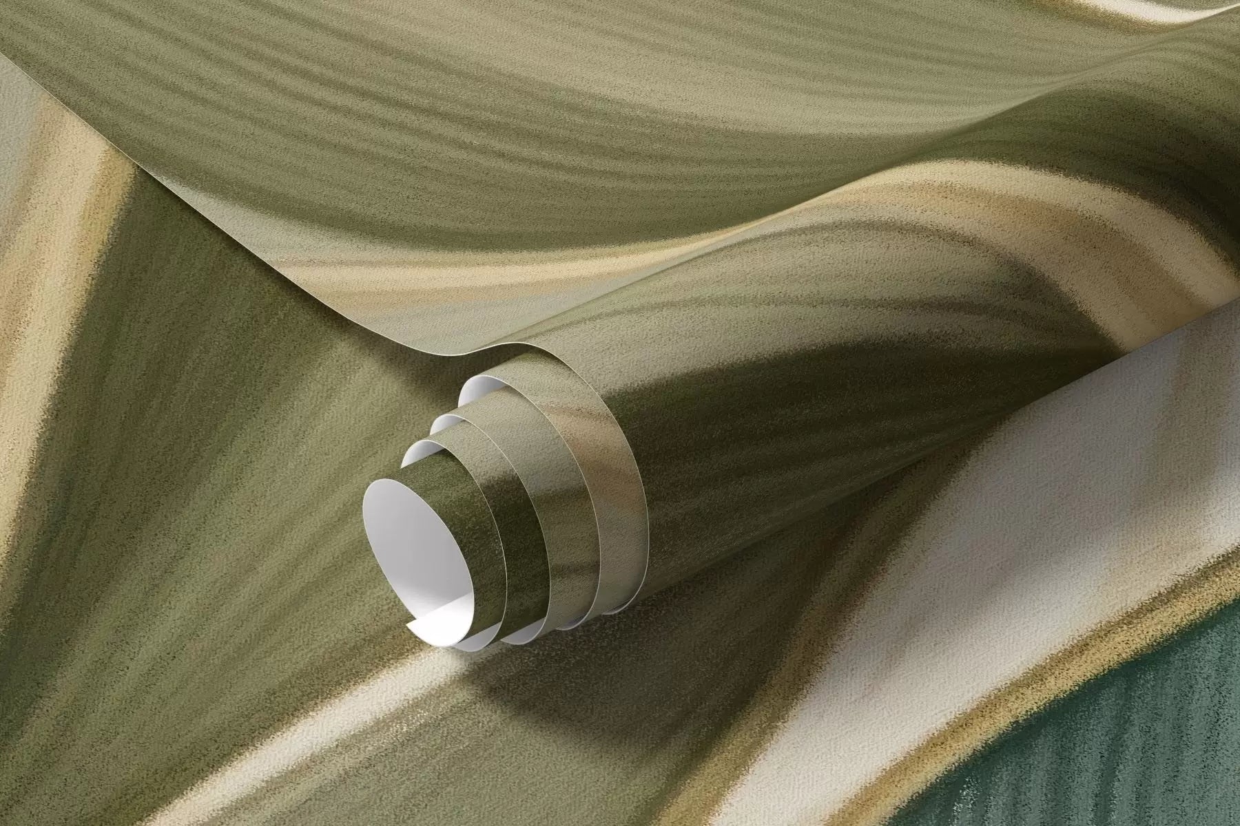 Rolled green tropical leaves mural wallpaper in olive and sage