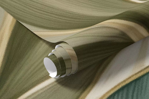 Rolled green tropical leaves mural wallpaper in olive and sage