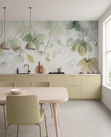 Watercolor trailing leaves wall mural in sage green and soft yellow in a kitchen with pale yellow cabinets and a dining table