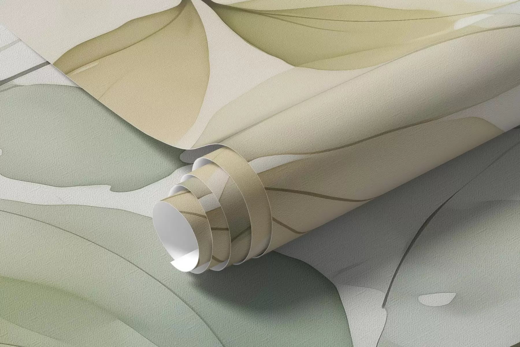 Rolled watercolor leaves mural wallpaper in sage green and pale yellow