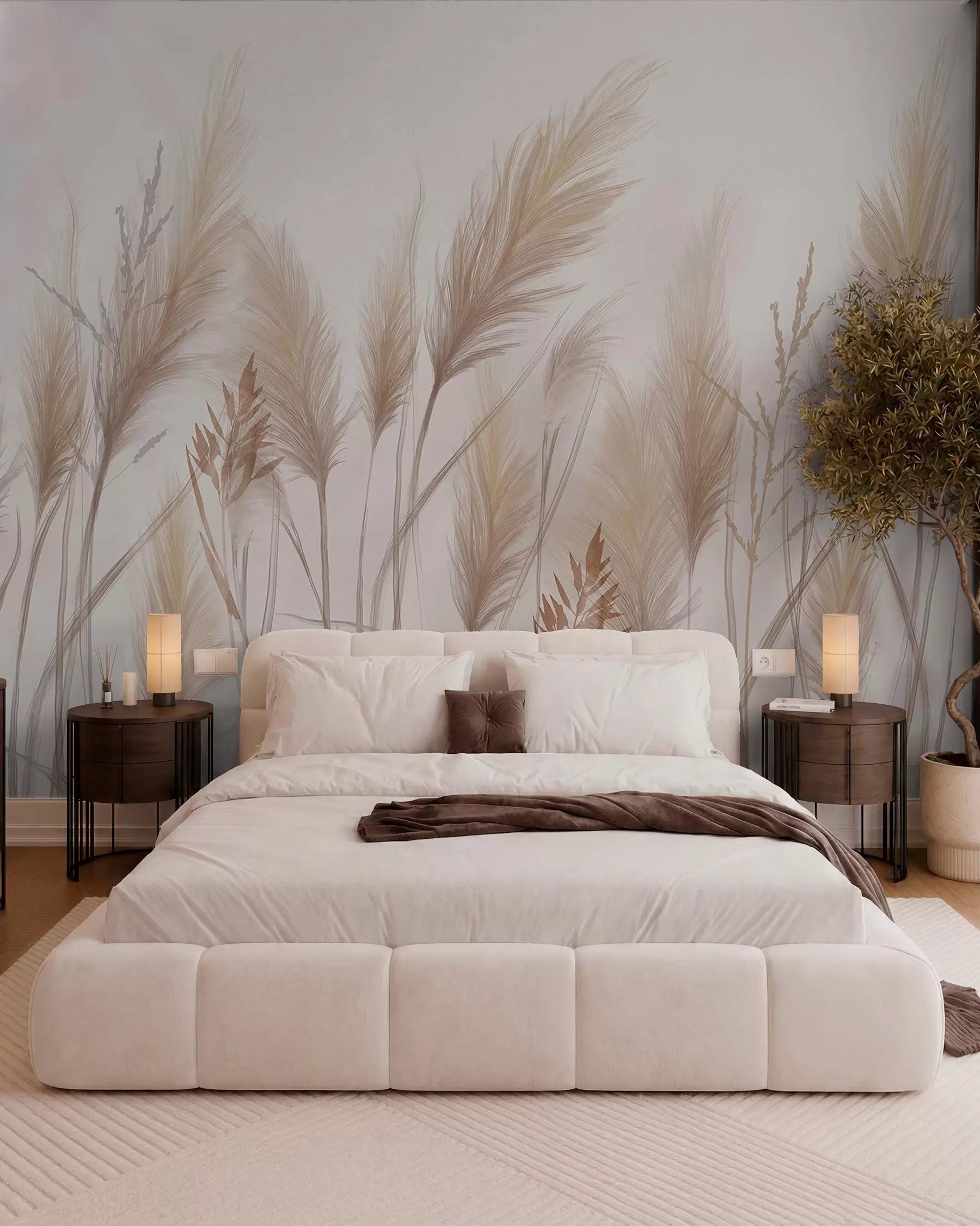 Beige grass blades mural behind a white upholstered bed