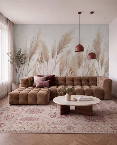 Tall beige grass spikelets on a pale blue background wall mural behind a tan modular sofa